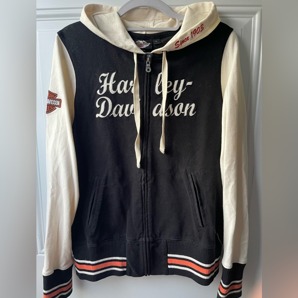 Harley-Davidson Vintage Style Medium Weight Black and Cream Zip-Up Hoodie